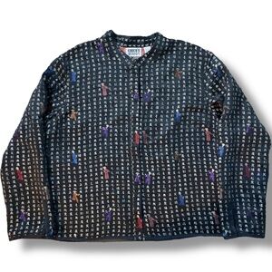 Chico's Design Quilted Jacket Size‎ 2 Vintage Black Geisha Motif Calligraphy